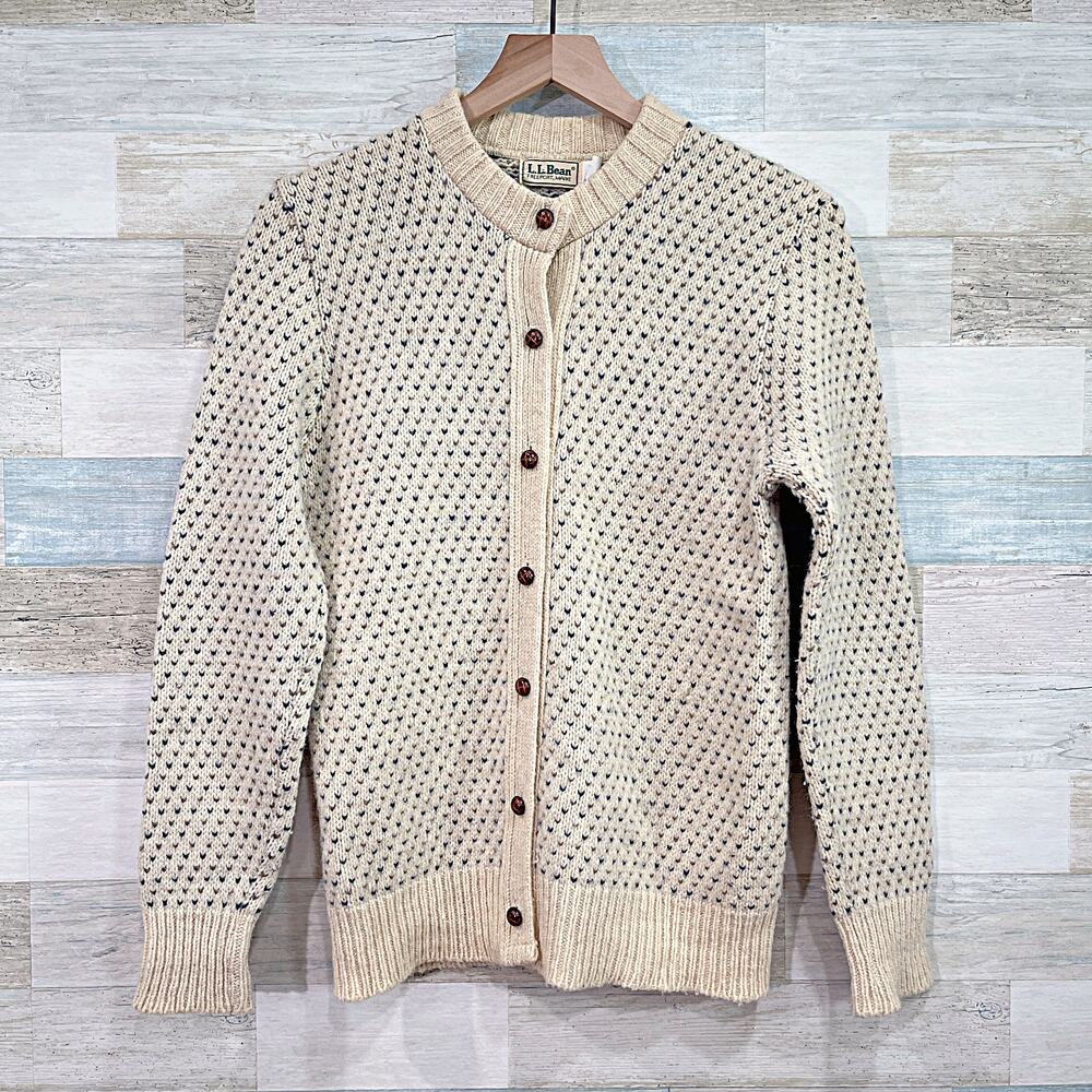 LL Bean Vintage Wool Aran Fisherman Chunky Knit Cardigan Beige USA Womens Large